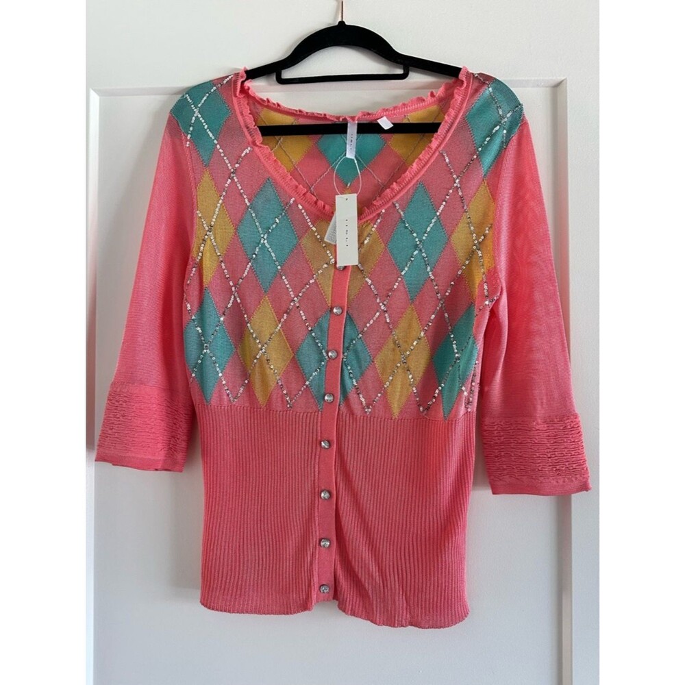 lISLII Coral Turquoise Argyle Sequin Swarovski Crystal Button Cardigan Small